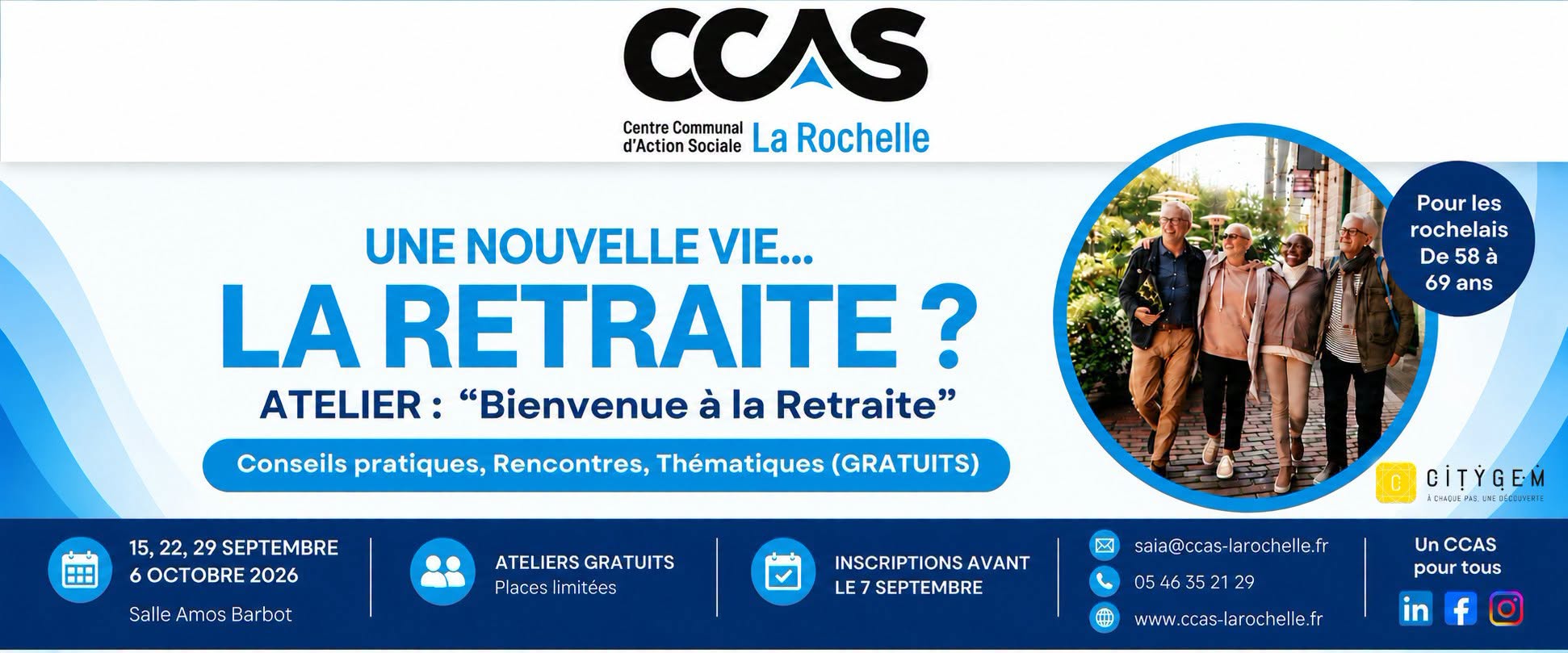 Ateliers Bienvenue à la Retraite organisés par le CCAS de La Rochelle pour les futurs et jeunes retraités de 58 à 69 ans.